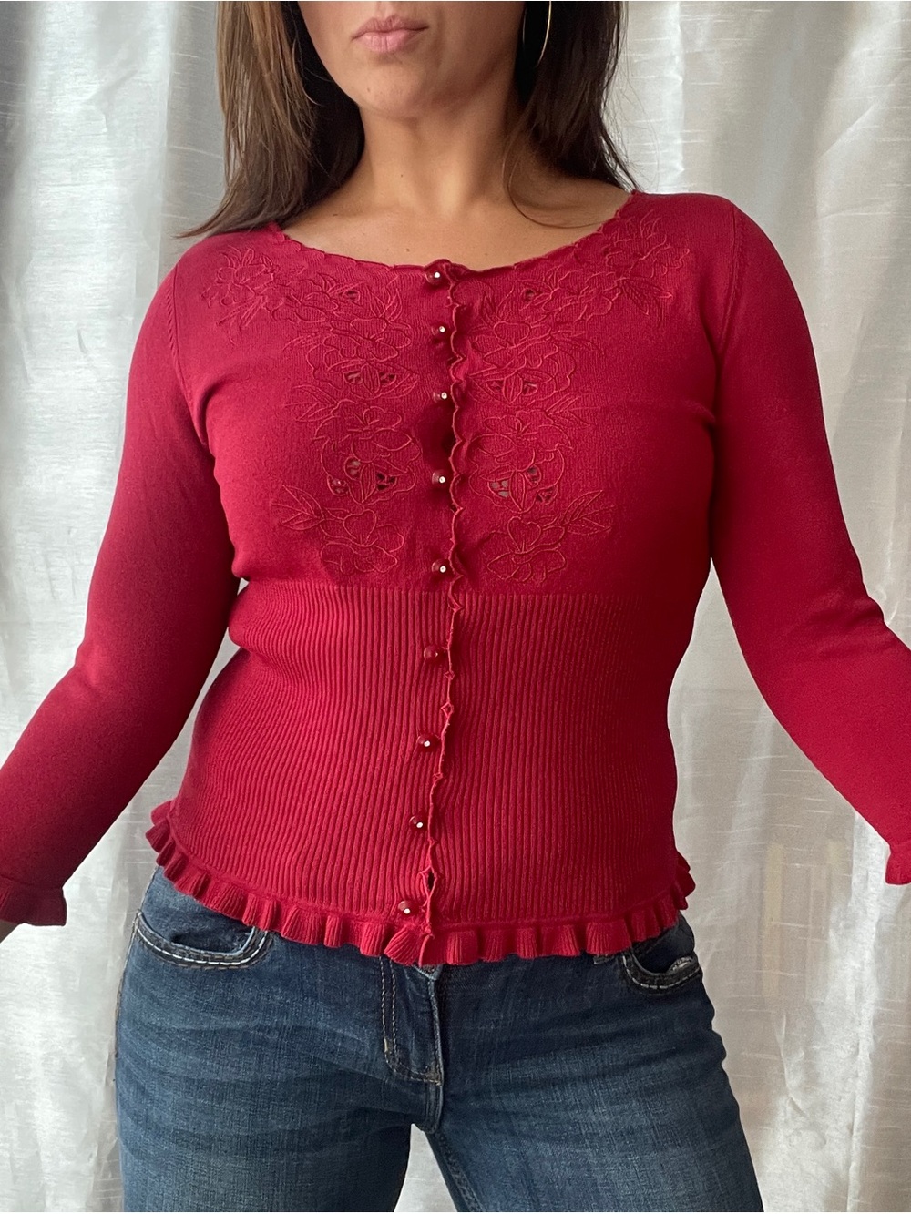 Emma James Cardigan Women's Small Red Floral Embroidered Ruffle Whimsy Coquette